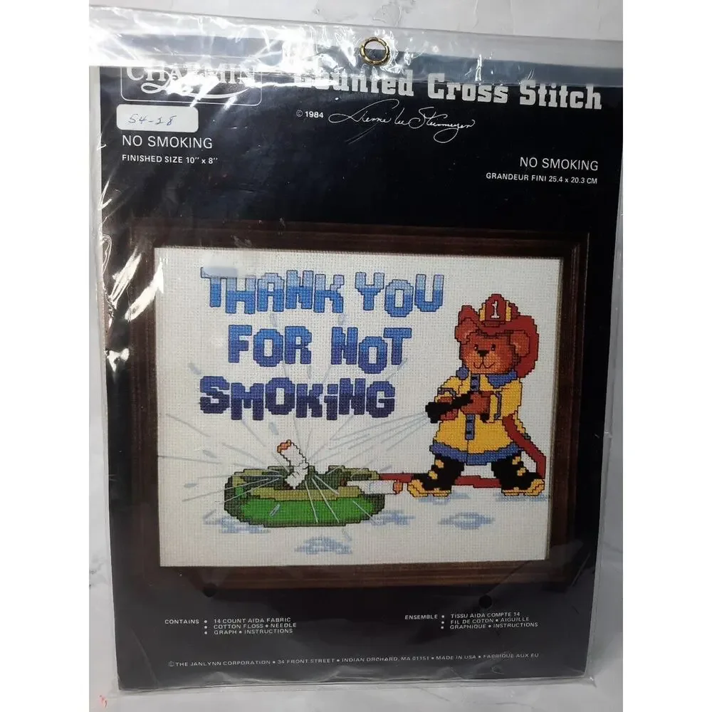 Vintage Janlynn Charmin Counted Cross Stitch Kit No Smoking Firefighter Bear